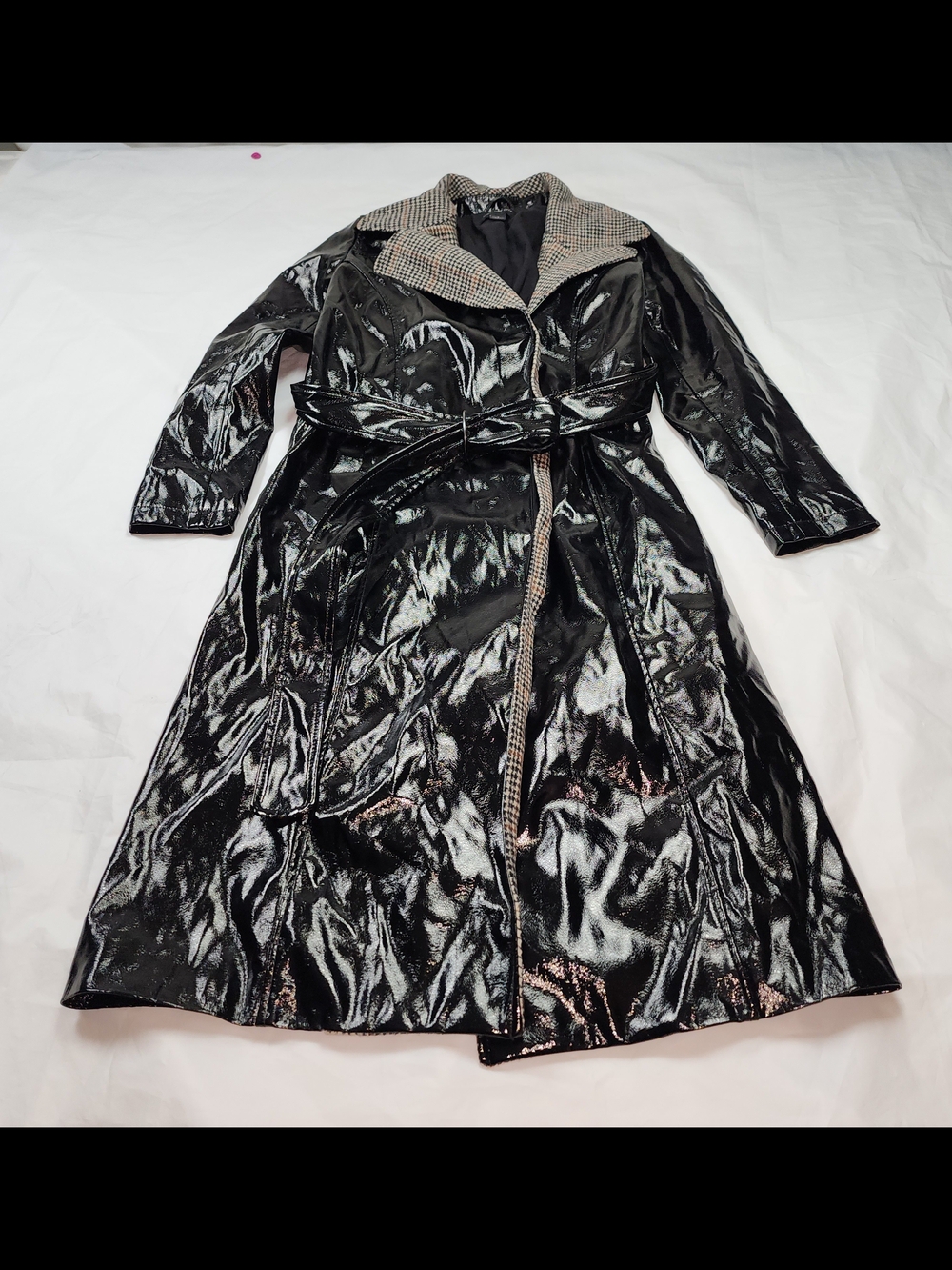 Something Navy Glossy Trench Coat High-Shine Black Size Small